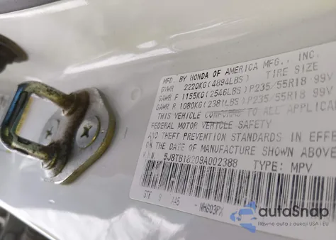 2009 Acura Rdx z USA, uszkodzony, nr VIN 5J8TB18209A002388